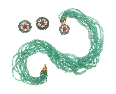 A nine-row choker-length graduated emerald bead necklace, the gold clasp centred with a cabochon ruby and diamond petal flowe