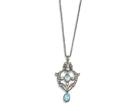 A late 19th century opal and diamond pendant, set with two opal cabochons (one chipped) within border of circular and rose-cu