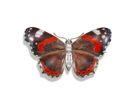 A diamond-set gold Red Admiral butterfly brooch, realistically painted in polychrome enamel and graduated diamonds set to the