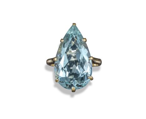 An aquamarine dress ring, the pear-shaped aquamarine is claw-set in yellow gold, size J