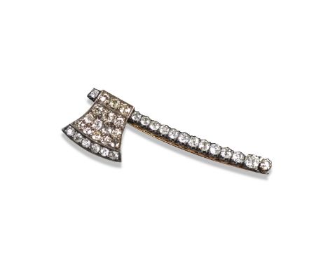A late 19th century French axe brooch, set with graduated old cushion-shaped fancy and white gold diamonds in gold, French co
