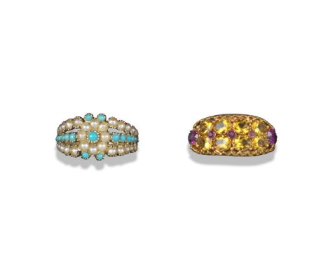 A George III pearl and turquoise cluster ring, with trifurcated shoulders in closed-back gold mount and carved shank, size M 