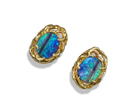 A pair of yellow gold stylised lattice-work earrings by Arthur King, each mounted with an oval-shaped boulder opal, signed wi