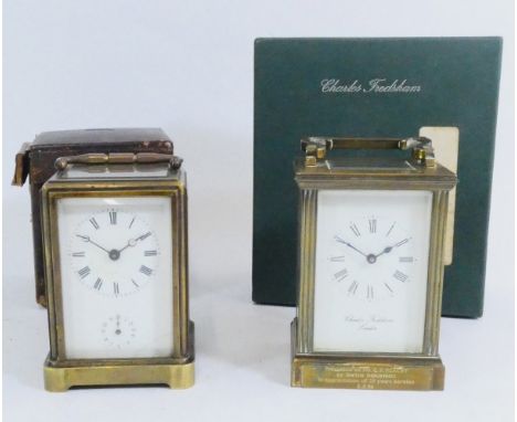 Two mid to late twentieth century brass carriage clocks, housing eight day movements, to include, an example with a subsidiar