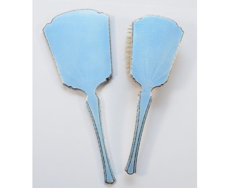 A silver and blue guilloche enamel  dressing table hair brush, Birmingham 1922, together with matching handheld mirror, Birmi
