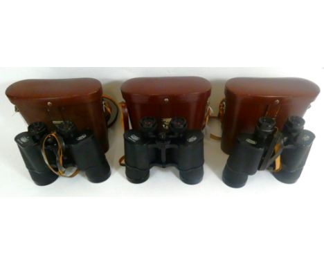 Three pairs of binoculars, to include, Carl Zeiss Jena Jenoptem, 10 x 50, in case,  Carl Zeiss Jena Jenoptem, 7 x 50, in case