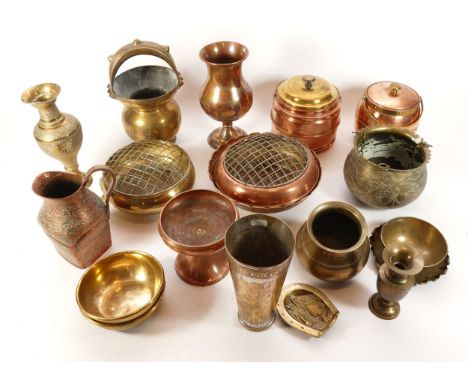 An assortment of metalwares, primarily brass and silver plated, to include, an Anglo-Indian vase and pitcher, and a Queens Ju
