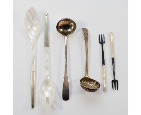 A silver toddy ladle, Edinburgh 1808, together with a silver sugar sifter, London 1811, two mother of pearl handles silver fo