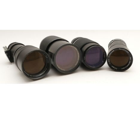 Four camera lenses, to include, a Prinzgalaxy f/5.6 300mm lens, Hoya f/4 75-205mm lens, a Soligor f/4.5 200mm lens, and a Viv