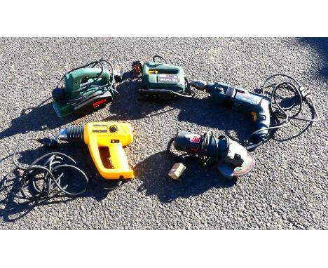 A collection of power tools to include, a DeWalt DW340 230v heat gun, a Bosch GWS9-125C 240v 900w disc grinder, a Bosch PH01 
