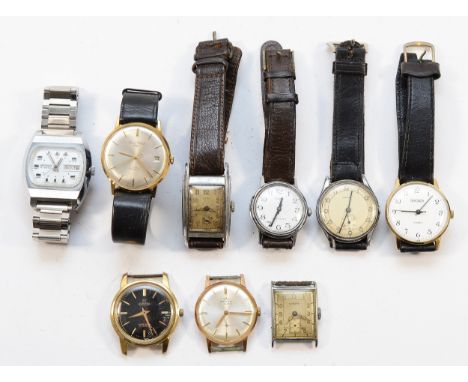 Sekonda, a stainless steel manual wind day/date wristwatch, c.1970's, 35mm, and eight other manual wind wristwatches, two not