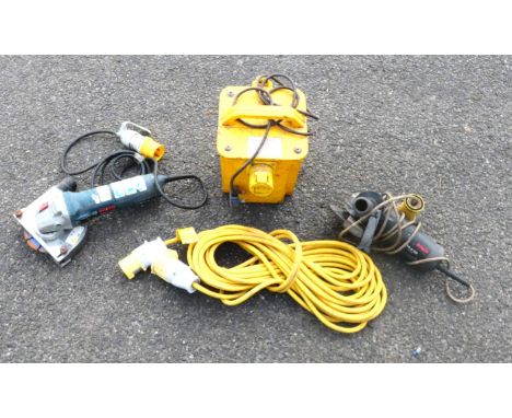 A Bosch GWS 11-125 110v 1060w angle grinder, also a Bosch GWS 6-100 110v 620w disc grinder, to  include an ABL17 110v power u