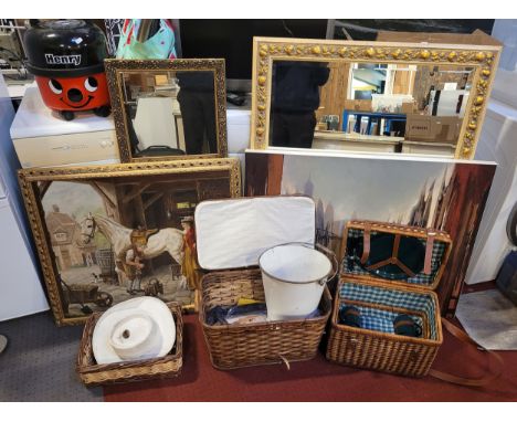 A selection of homewares and pictures, to include wicker baskets, enamel bucket, wall mirrors, and prints.