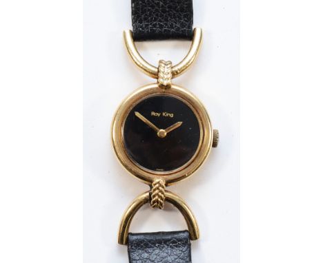 Roy King, a 9ct gold ladies manual wind wristwatch, 22mm, arched lugs, leather strap, working when catalogued