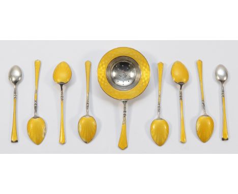 A set of six 925 Norwegian silver and yellow guilloche enamel coffee spoons, imported by Stockwell &amp; Co, London 1925, tog