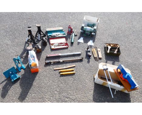 A collection of mid twentieth century and later hand tools to include a boxed steel mitre jig, two Black and Decker D980 dril