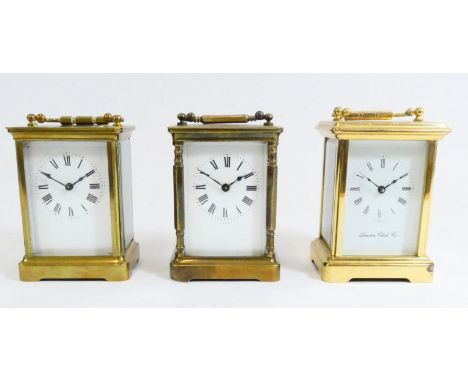 Three mid to late twentieth century brass carriage clocks, housing eight day movements, to include, a London Clock Co example