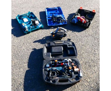 A collection of power tools to include, a boxed Black and Decker KG915 230v 900w disc grinder with spare discs, a boxed AEG S