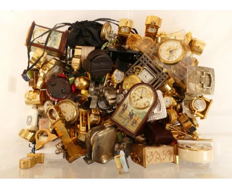 A collection of miniature and novelty clocks, to include, a Roger Lascelles example with a transfer print of a golf scene, an