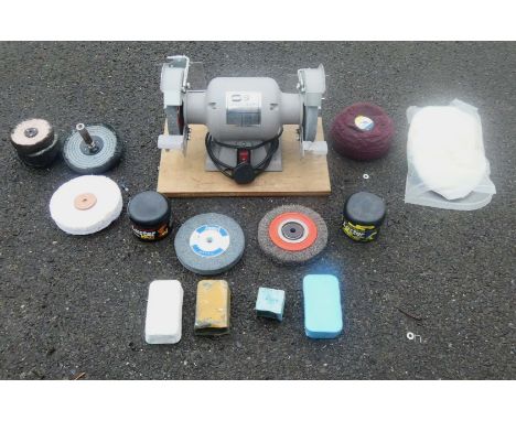 A SIP 230v 375w 3000rpm heavy duty 6" bench grinder to include spare grinding discs, polishing pads, a boxed Challenge Xtreme