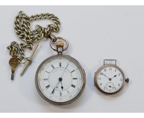 A silver keyless wind open face chronograph pocket watch, London 1884, two part enamel dial, slide stop/start not working, 51
