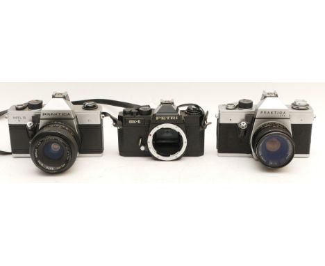 Three cameras, to include, a Praktica LTL with a Mamiya Sekor f/2 50mm lens, a Praktica MTL5 with a Helios f/2.8 35mm lens, a