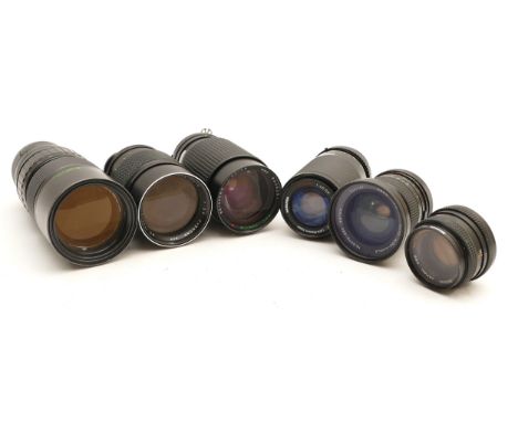 Six camera lenses, to include, Vivitar Wide-Angle f/2.5 28mm, Miranda f/4.5-5.6 70-210mm, Tokina f/3.5-4.5 50-200mm, Chinon f