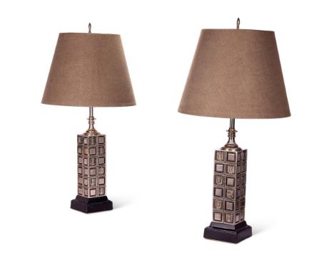 A PAIR OF PATINATED AND BRUSHED METAL TABLE LAMPS  BY THE REMBRANDT LIGHT COMPANY, USA, CIRCA 1960  Cast in relief with check