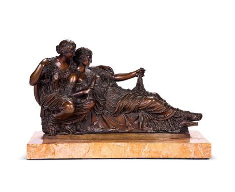 AFTER THE ANTIQUE- A BRONZE FIGURAL GROUP OF CLOTHO AND ATROPOS  MID 19TH CENTURY  The two Fates depicted spinning yarn, moun