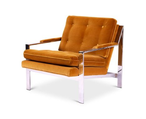 A NICKEL PLATED AND BUTTON UPHOLSTERED ARMCHAIR  DESIGNED BY CY MANN, MODEL NUMBER 232, CIRCA 1970  Upholstered in yellow vel