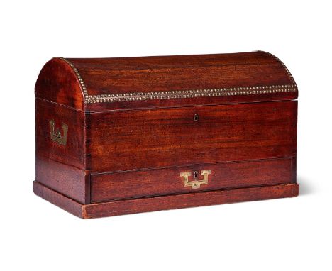 A GEORGE III MAHOGANY AND BRASS STUDDED CAMPAIGN TRUNK LATE 18TH/EARLY 19TH CENTURY With hinged domed top, above a drawer to 