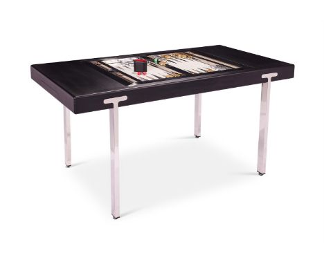 AN EBONISED AND POLISHED NICKEL REVERSABLE TOP BACKGAMMON TABLE  BY KEN BOLAN, CONTEMPORARY  Together with brass and chrome p