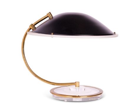 A BRASS AND LUCITE DESK LAMP  BY THE BAUER LAMP COMPANY, 1983  With maker's stamp and date to the base  39cm high, the shade 