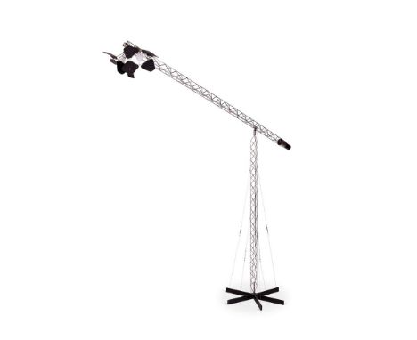 A LARGE STAINLESS STEEL ANGLEPOISE 'MOVIE' FLOOR LAMP   DESIGNED BY CURTIS JERE, 1970S   With shutter shades, on an adjustabl
