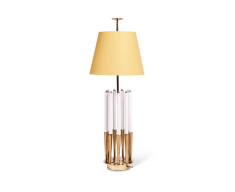 A LARGE BRASS TABLE LAMP IN THE MANNER OF TOMMI PARZINGER FOR STIFFEL  MID 20TH CENTURY  With nine faux candlesticks set in t