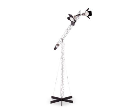 A LARGE STAINLESS STEEL ANGLEPOISE 'MOVIE' FLOOR LAMP   DESIGNED BY CURTIS JERE, 1970s  With shutter shades, on an adjustable