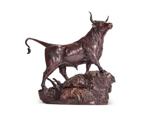 AUGUSTE-NICOLAS CAIN (FRENCH 1821-1894) A LARGE ANIMALIER BRONZE FIGURE OF A BULL  LATE 19TH CENTURY  Standing amongst an ove