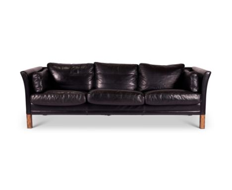 A DANISH BLACK LEATHER UPHOLSTERED THREE-SEAT SOFA  DESIGNED BY MOGENS HANSEN, CIRCA 1955 67cm high, 218cm wide, 80cm deep ov