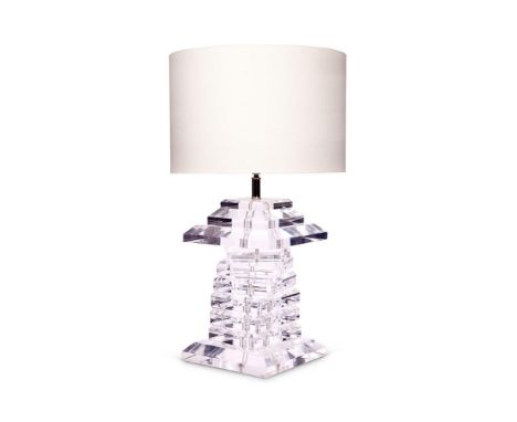 A LARGE ARCHITECTURAL STACKED LUCITE PAGODA SHAPED TABLE LAMP  LATE 20TH CENTURY  82cm high including current shade 