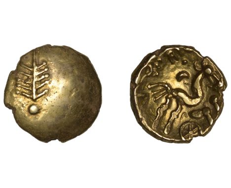 British Iron Age, DOBUNNI, Corio, gold Stater, tree symbol with five branches on pellet base, rev. triple-tailed horse right,