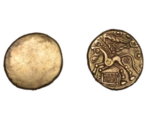 British Iron Age, CANTII, Uninscribed series, gold Quarter-Stater, Late Weald type, blank, rev. horse left, corded triangle a