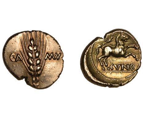 British Iron Age, CATUVELLAUNI, Cunobelin (AD 8-41), gold Stater, Classic A [Arc Stem] type, ear of barley dividing camv, rev