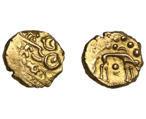 British Iron Age, ICENI, Uninscribed issues, gold Stater, British Ja [Norfolk Wolf type], degraded head of Apollo right, inco