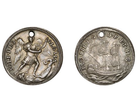 James III, Touchpiece, in silver, by N. Roettier, ship sailing right, rev. St Michael slaying dragon, 20mm, 3.35g (Woolf 35, 