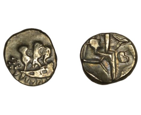 British Iron Age, DUROTRIGES, Uninscribed issues, ‘white gold’ Quarter-Stater, Geometric type, crescent with three men in a b