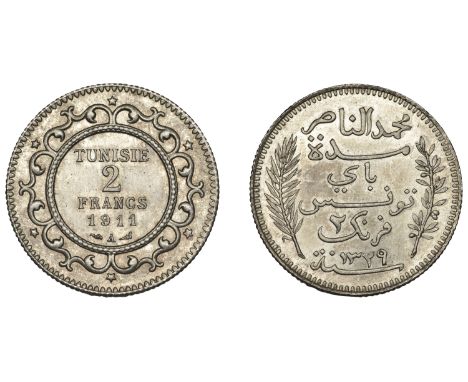 Tunisia, Muhammad V, Two Francs, AH 1329 [1911], mm. Henri-Auguste-Jules Patey, Paris (KM 239). A pleasing light hue on rever