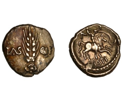 British Iron Age, CATUVELLAUNI, Epaticcus (AD 20-40), gold Stater, ear of corn dividing tasci f, rev. mounted warrior right, 