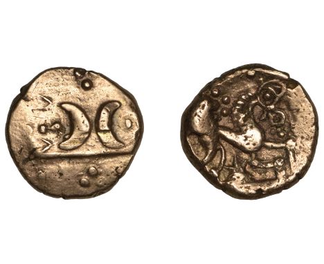 British Iron Age, ICENI, Uninscribed issues, gold Stater, early Freckenham type, two opposed crescents, pellets in field, rev