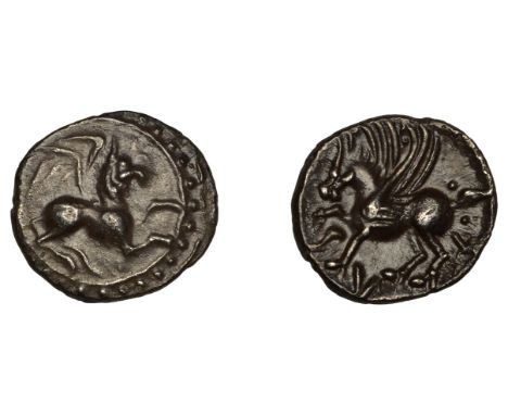 British Iron Age, CATUVELLAUNI, Tasciovanus (25 BC - AD 10), silver Unit, griffin right within border of rings and pellets, r