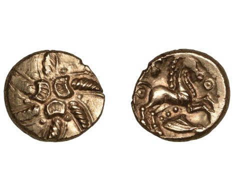 British Iron Age, TRINOVANTES, Addedomaros (45-25 BC), gold Stater, class 3, spiral of six limbs, three crescents in centre, 